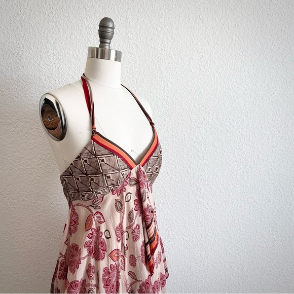 Y2K BCBGMAXAZRIA 100% SILK BOHO LOTUS FLOWER PLUNGING NECKLINE HALTER TUNIC 05 - Picture 2 of 7